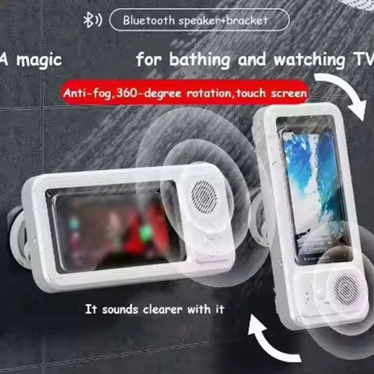 Shower Phone Holder with Bluetooth Speaker IPX4 Waterproof Anti-Fog Touch Screen Wall Mount Phone Holder for Shower Bathroom